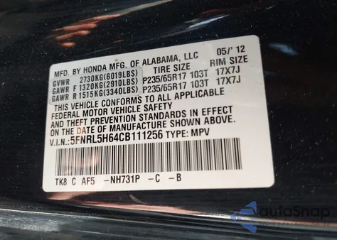 2012 Honda Odyssey Ex-L from USA, damaged, VIN 5FNRL5H64CB111256